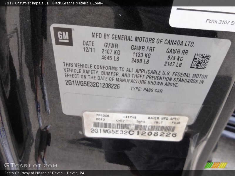 Black Granite Metallic / Ebony 2012 Chevrolet Impala LT