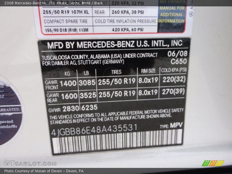 2008 ML 350 4Matic Arctic White Color Code 650