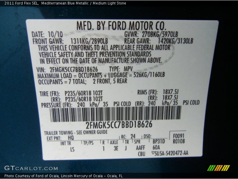 Mediterranean Blue Metallic / Medium Light Stone 2011 Ford Flex SEL