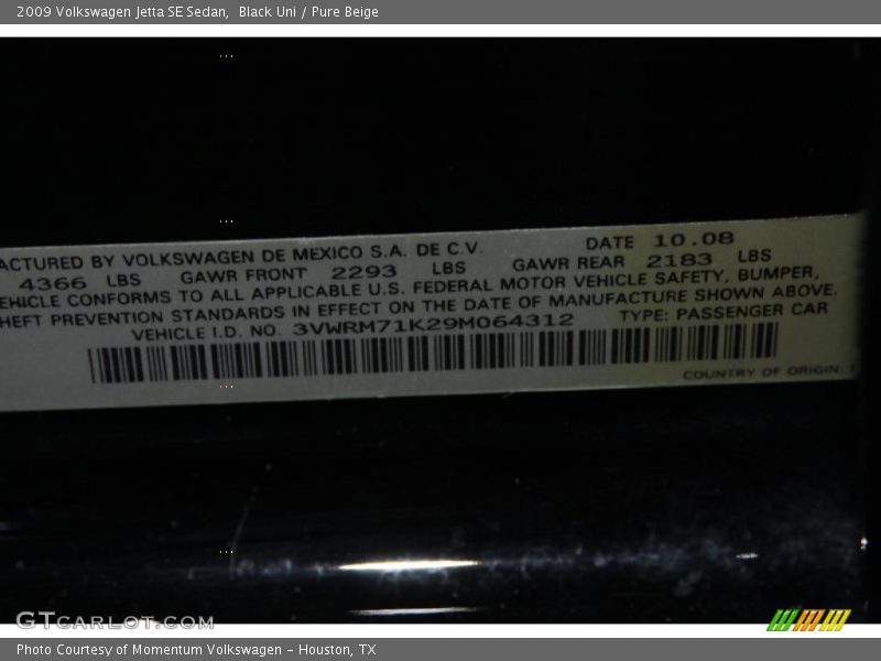 Black Uni / Pure Beige 2009 Volkswagen Jetta SE Sedan