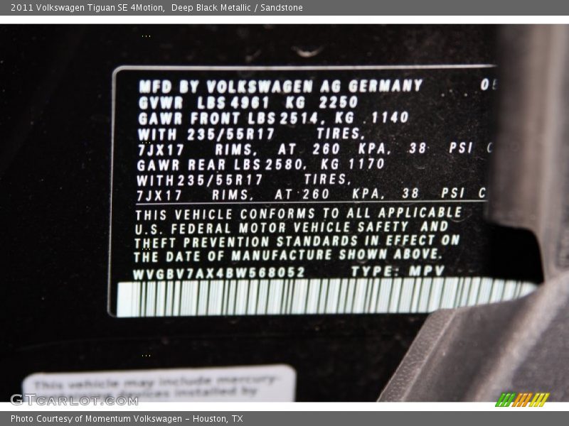 Deep Black Metallic / Sandstone 2011 Volkswagen Tiguan SE 4Motion