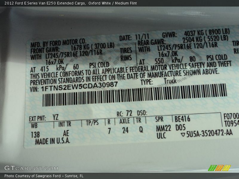 2012 E Series Van E250 Extended Cargo Oxford White Color Code YZ