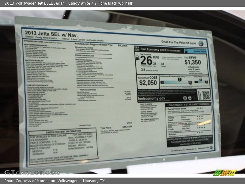  2013 Jetta SEL Sedan Window Sticker