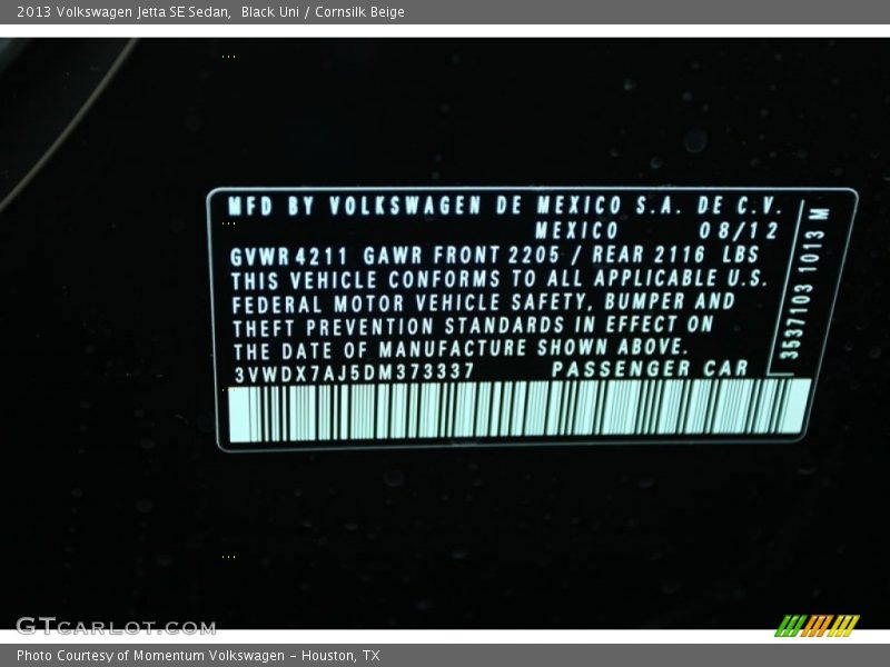 Black Uni / Cornsilk Beige 2013 Volkswagen Jetta SE Sedan