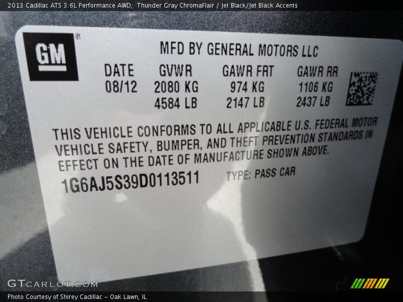 Thunder Gray ChromaFlair / Jet Black/Jet Black Accents 2013 Cadillac ATS 3.6L Performance AWD
