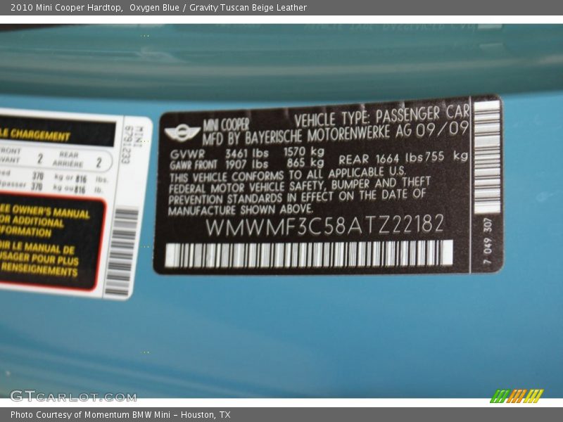 Oxygen Blue / Gravity Tuscan Beige Leather 2010 Mini Cooper Hardtop
