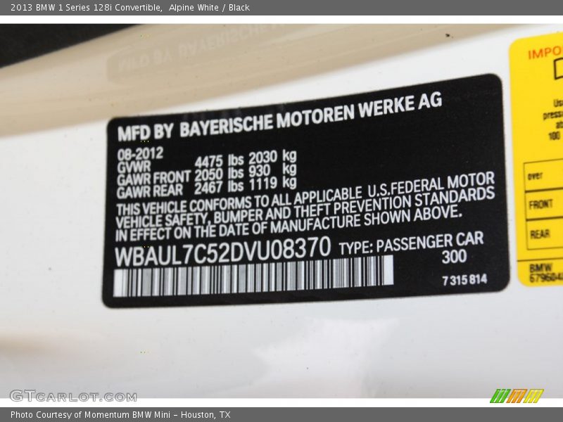 2013 1 Series 128i Convertible Alpine White Color Code 300