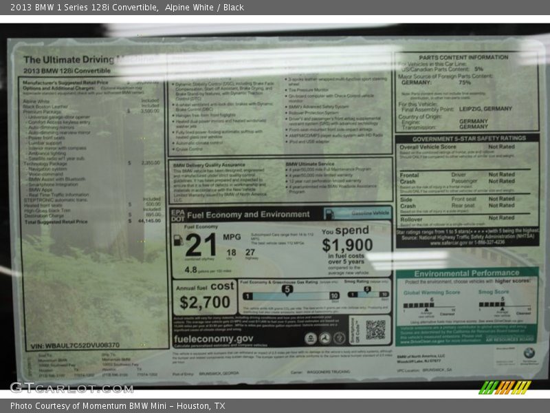  2013 1 Series 128i Convertible Window Sticker