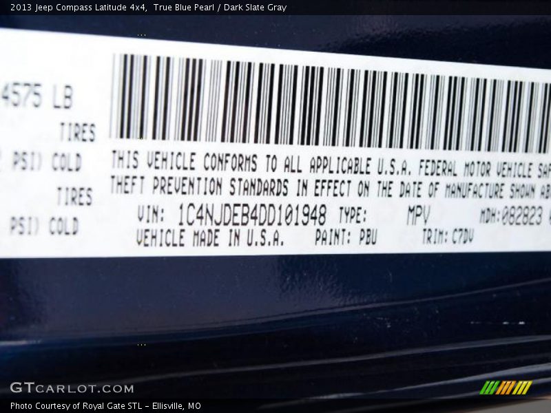 2013 Compass Latitude 4x4 True Blue Pearl Color Code PBU