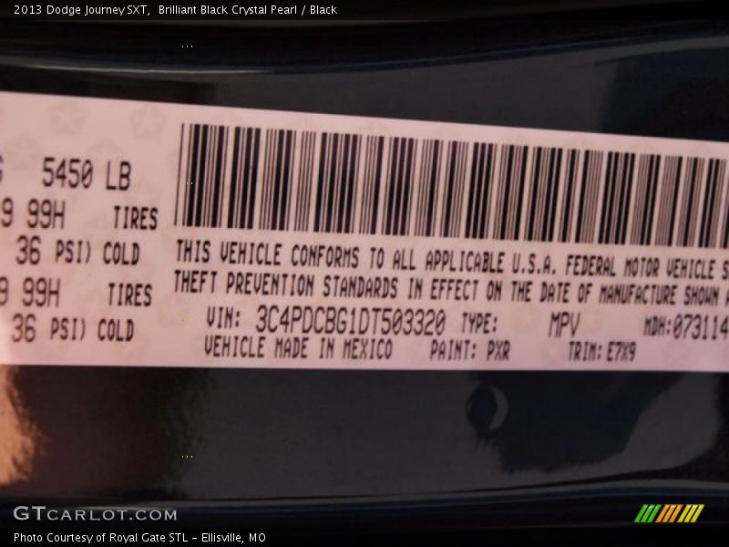 2013 Journey SXT Brilliant Black Crystal Pearl Color Code PXR