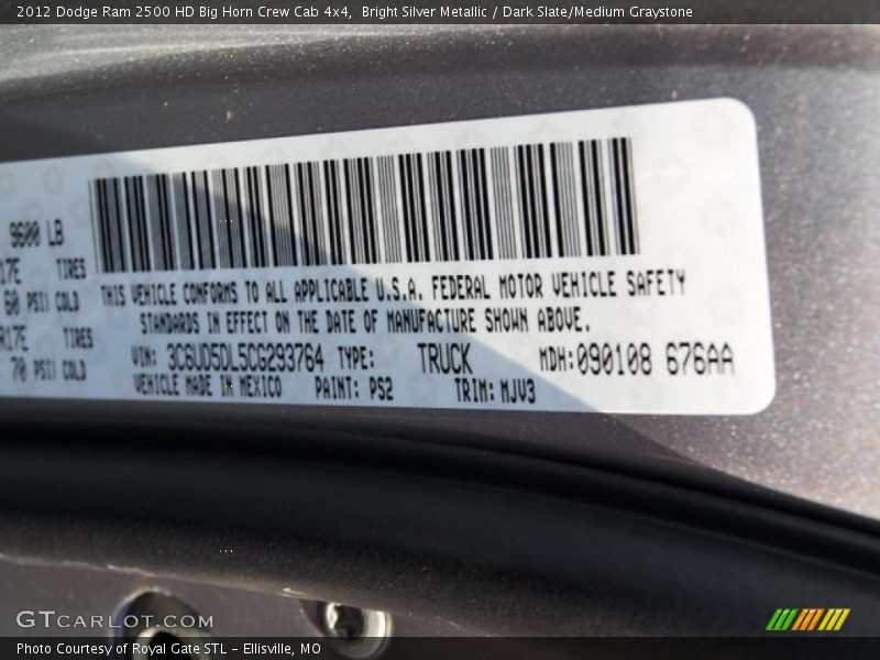 2012 Ram 2500 HD Big Horn Crew Cab 4x4 Bright Silver Metallic Color Code PS2