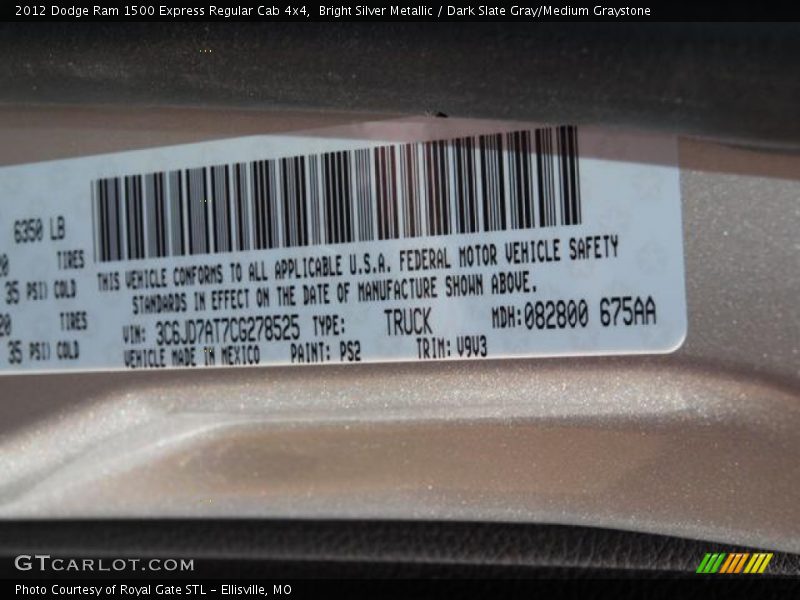 2012 Ram 1500 Express Regular Cab 4x4 Bright Silver Metallic Color Code PS2