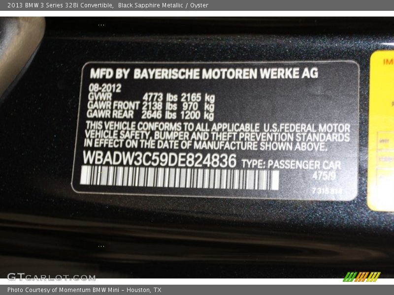 2013 3 Series 328i Convertible Black Sapphire Metallic Color Code 475