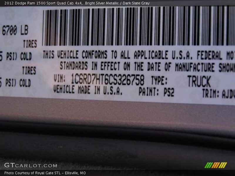 Bright Silver Metallic / Dark Slate Gray 2012 Dodge Ram 1500 Sport Quad Cab 4x4