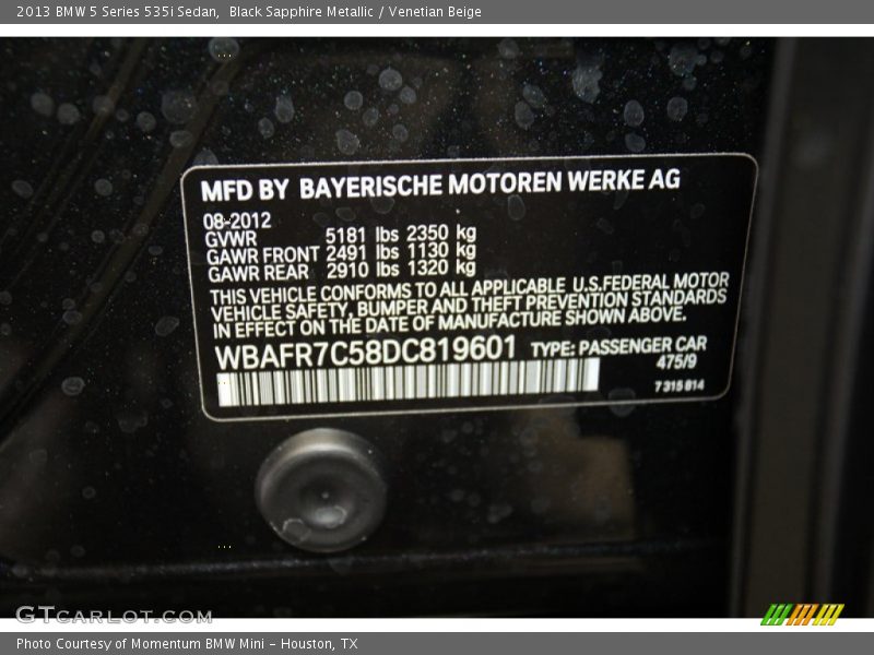 Black Sapphire Metallic / Venetian Beige 2013 BMW 5 Series 535i Sedan