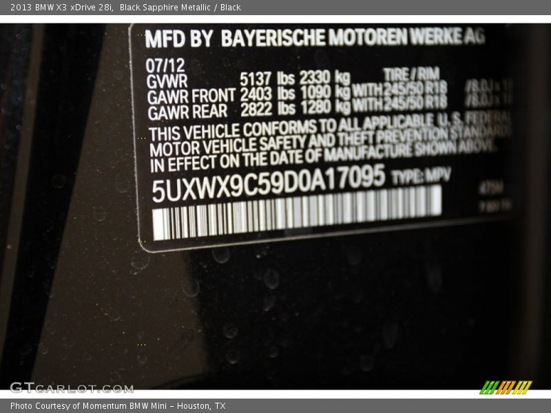 Black Sapphire Metallic / Black 2013 BMW X3 xDrive 28i