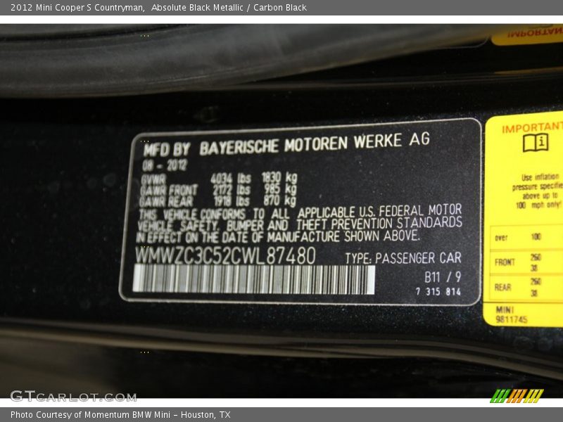 Absolute Black Metallic / Carbon Black 2012 Mini Cooper S Countryman