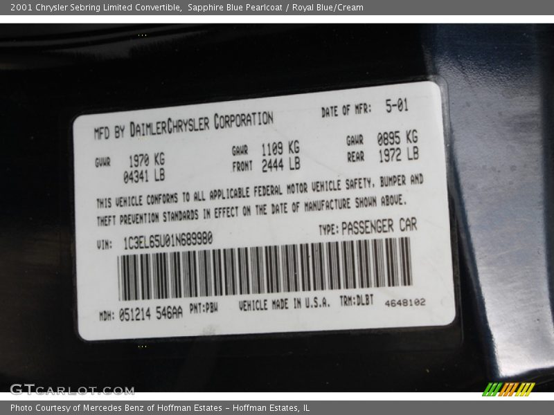 2001 Sebring Limited Convertible Sapphire Blue Pearlcoat Color Code PBW