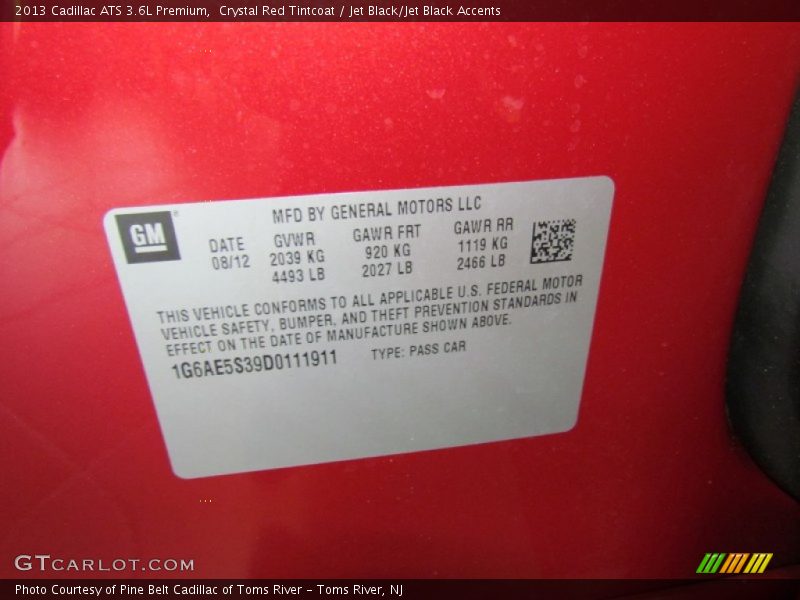 Crystal Red Tintcoat / Jet Black/Jet Black Accents 2013 Cadillac ATS 3.6L Premium