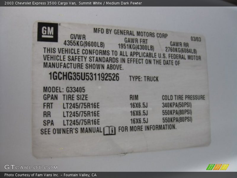 Summit White / Medium Dark Pewter 2003 Chevrolet Express 3500 Cargo Van