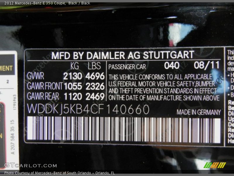 2012 E 350 Coupe Black Color Code 040