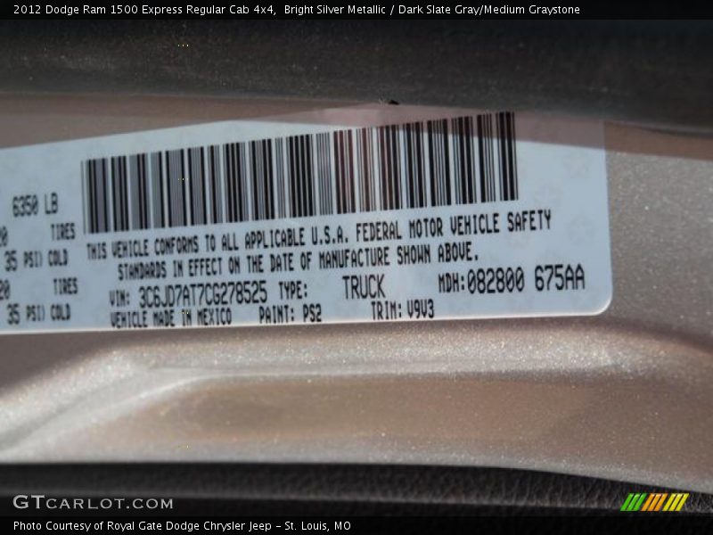 Bright Silver Metallic / Dark Slate Gray/Medium Graystone 2012 Dodge Ram 1500 Express Regular Cab 4x4