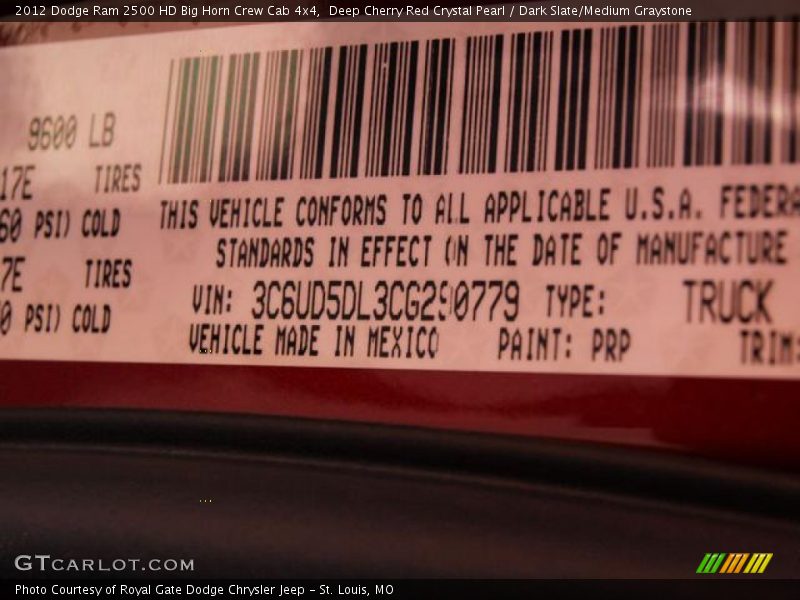 2012 Ram 2500 HD Big Horn Crew Cab 4x4 Deep Cherry Red Crystal Pearl Color Code PRP