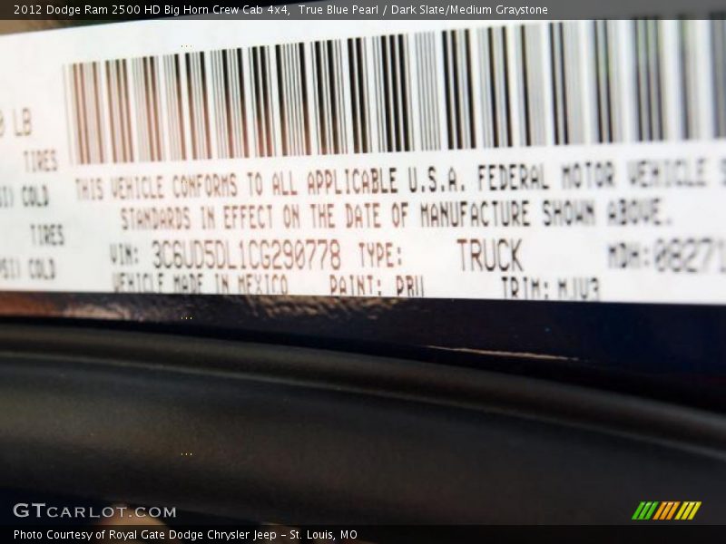 2012 Ram 2500 HD Big Horn Crew Cab 4x4 True Blue Pearl Color Code PBU