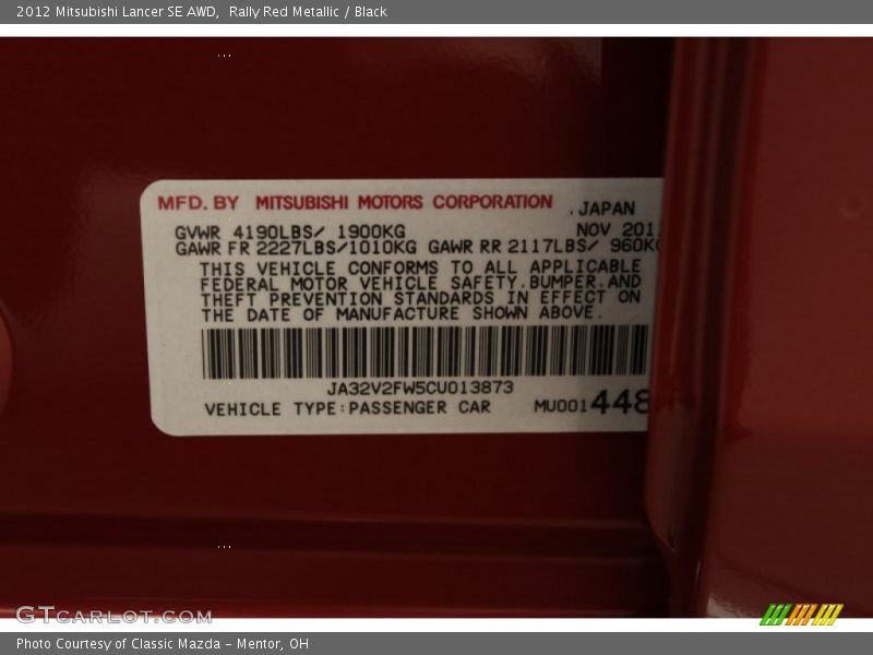 Rally Red Metallic / Black 2012 Mitsubishi Lancer SE AWD