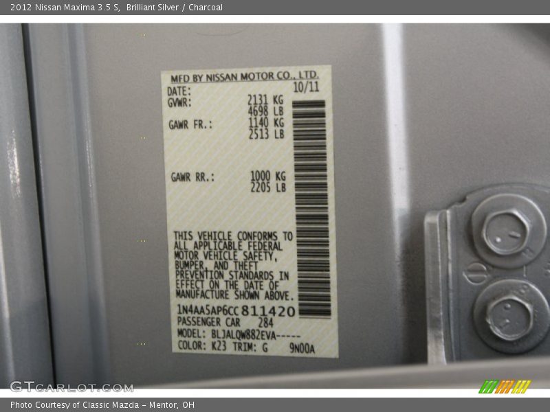 2012 Maxima 3.5 S Brilliant Silver Color Code K23