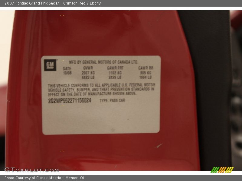Crimson Red / Ebony 2007 Pontiac Grand Prix Sedan