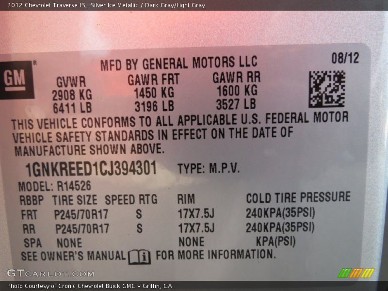 Silver Ice Metallic / Dark Gray/Light Gray 2012 Chevrolet Traverse LS