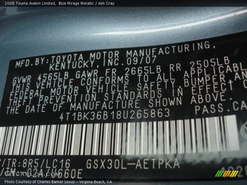 Blue Mirage Metallic / Ash Gray 2008 Toyota Avalon Limited