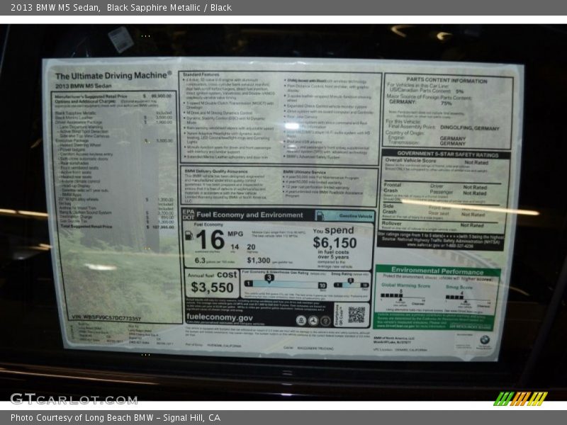  2013 M5 Sedan Window Sticker