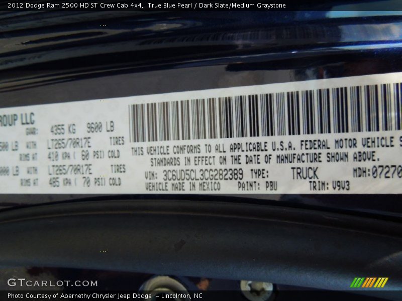 True Blue Pearl / Dark Slate/Medium Graystone 2012 Dodge Ram 2500 HD ST Crew Cab 4x4