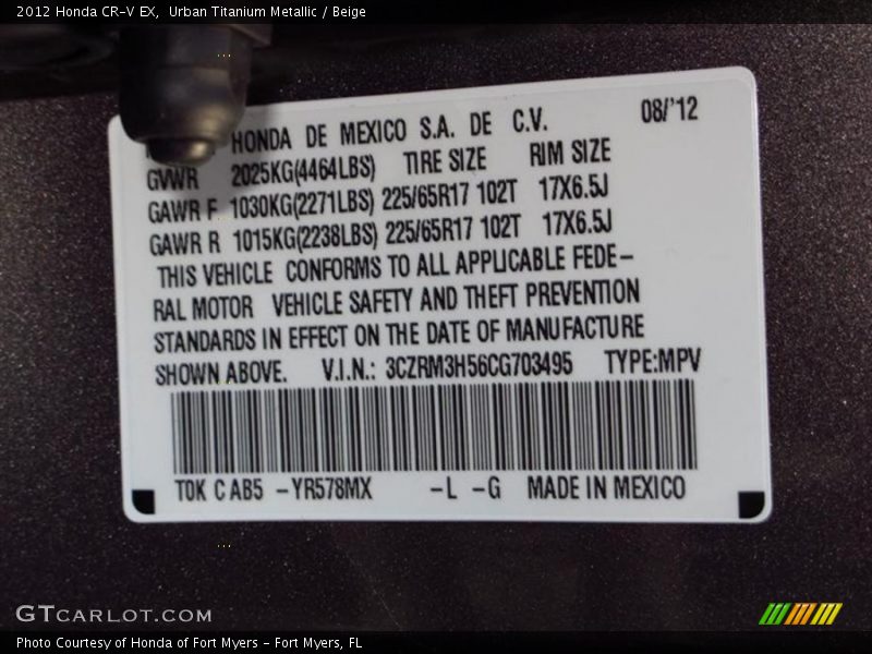 2012 CR-V EX Urban Titanium Metallic Color Code YR578MX