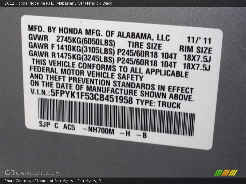 Alabaster Silver Metallic / Black 2012 Honda Ridgeline RTL
