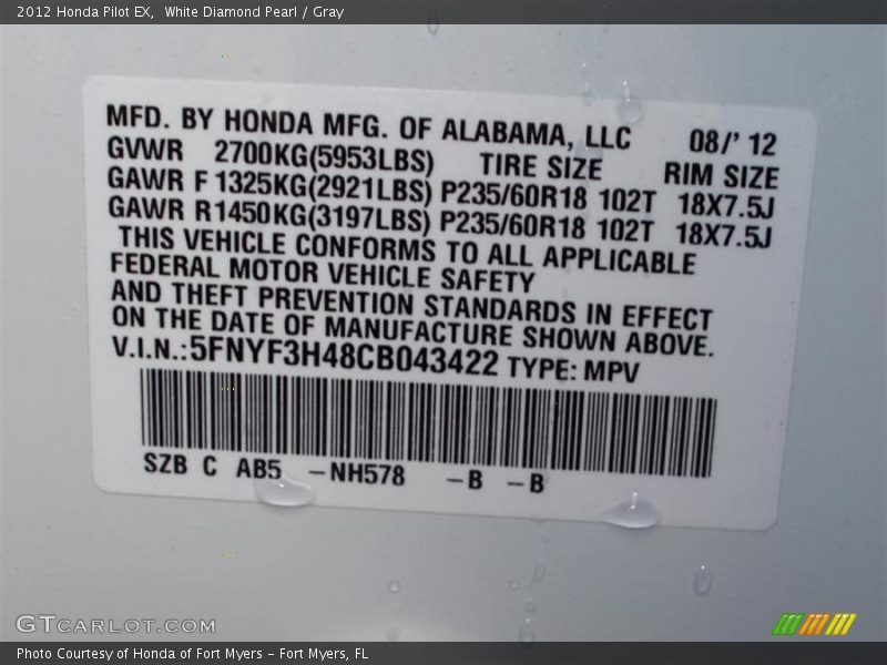 White Diamond Pearl / Gray 2012 Honda Pilot EX