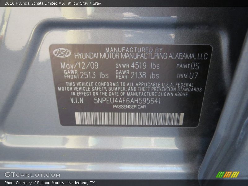 Willow Gray / Gray 2010 Hyundai Sonata Limited V6