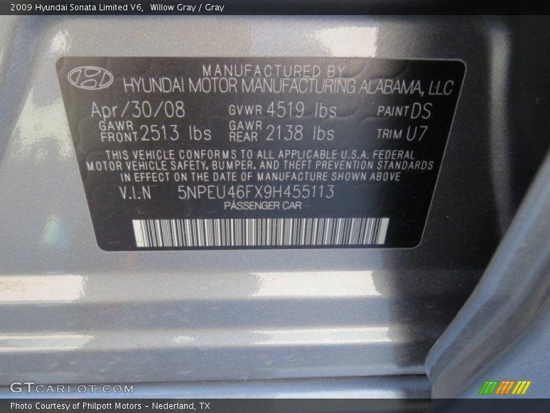 Willow Gray / Gray 2009 Hyundai Sonata Limited V6