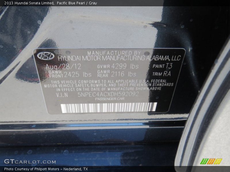 Pacific Blue Pearl / Gray 2013 Hyundai Sonata Limited