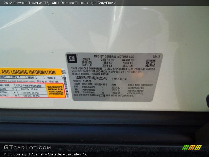 White Diamond Tricoat / Light Gray/Ebony 2012 Chevrolet Traverse LTZ