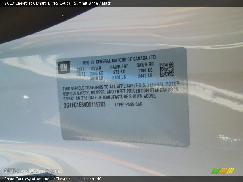 Summit White / Black 2013 Chevrolet Camaro LT/RS Coupe