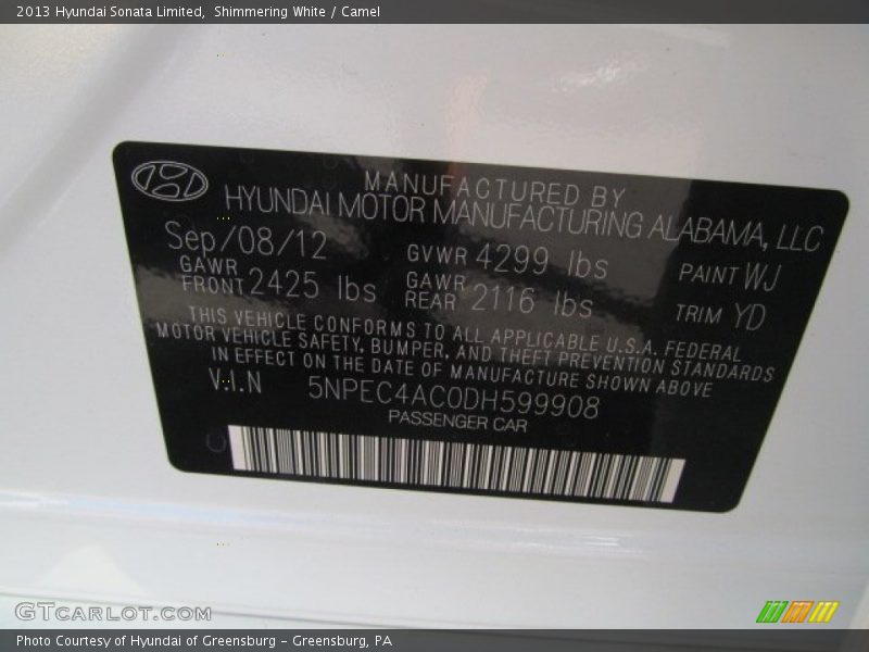 Shimmering White / Camel 2013 Hyundai Sonata Limited