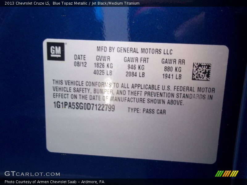 Blue Topaz Metallic / Jet Black/Medium Titanium 2013 Chevrolet Cruze LS