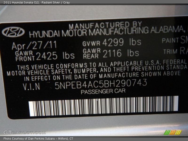 Radiant Silver / Gray 2011 Hyundai Sonata GLS