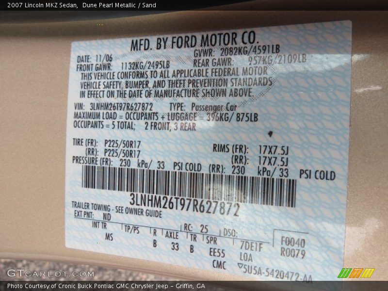 Dune Pearl Metallic / Sand 2007 Lincoln MKZ Sedan