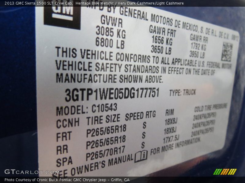 Info Tag of 2013 Sierra 1500 SLT Crew Cab