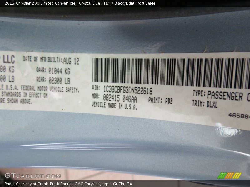 Crystal Blue Pearl / Black/Light Frost Beige 2013 Chrysler 200 Limited Convertible