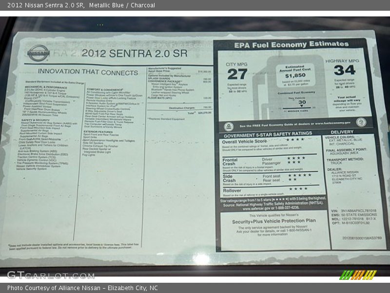  2012 Sentra 2.0 SR Window Sticker